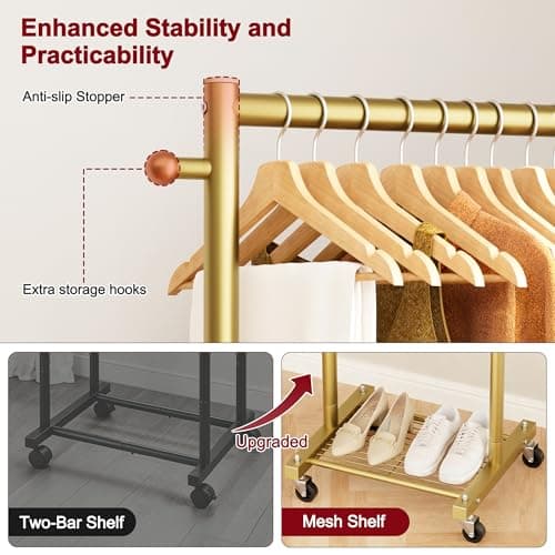 SLEEPING LAMB Small Clothes Racks for Hanging Clothes, Rolling Clothing Rack with Shelves, 60" Metal Garment Rack with Wheels Portable Wardrobe Rack for Small Space, Gold - Thumbnail 6
