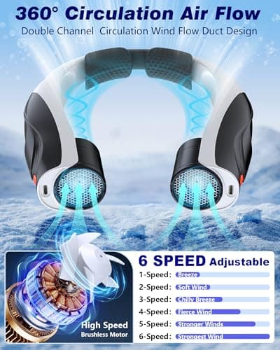 Tenvolti Portable Neck Fan - 6000mAh Rechargeable Personal Fan with 6 Speeds, 360° Cooling Surround Airflow, 20H Long Battery Life Hands-Free Wearable Fan for Outdoor Travel, Office, and Sports - Thumbnail 4
