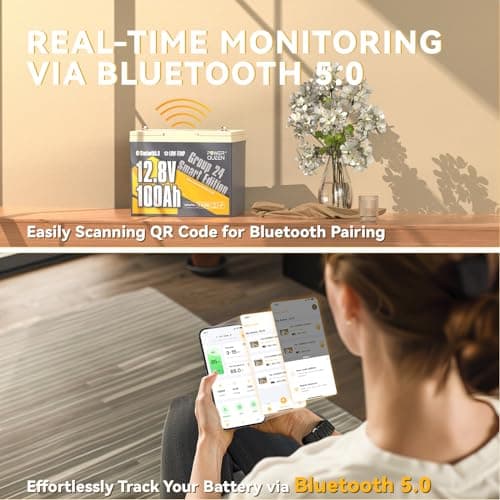 Power Queen Bluetooth 12V 100Ah LiFePO4 Battery with 14.6V40A LiFePO4 Battery Charger, Group 24 Deep Cycle Battery, 100A BMS with Low-Temp Cut-Off Protection for RV, Trolling Motors, Solar System - Thumbnail 3