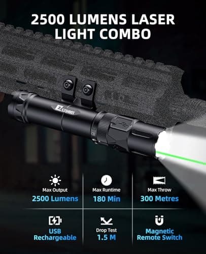 EZshoot 2500 Lumens Rifle Laser Light Combo Compatible with M-Rail, Rechargeable Ar Light Laser Combo with Magnetic Remote Switch, Rifle Flashlight with Strobe Mode for Home Defense, Hunting - Thumbnail 2