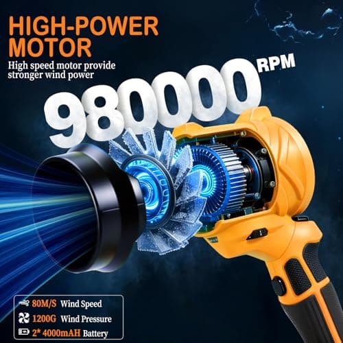TNELTUEB Leaf Blower Cordless, 21V Battery Powered 980000 RPM 180° Rotating Handheld Electric Leaf Blower with 6 Speed Control, 2 x4Ah Batteries & Charger Dust Leaves Blower for Lawn Care, Yard,Orange - Thumbnail 3