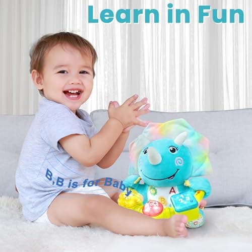 Holaxander Baby Dino Musical Stuffed Animals Toy with Light-Up Music & Crinkle Sound Paper,Infant Bilingual Early Learning Education Toys,Tummy Time Toys for 0-3-6-12+ Months Boy Girl - Thumbnail 3