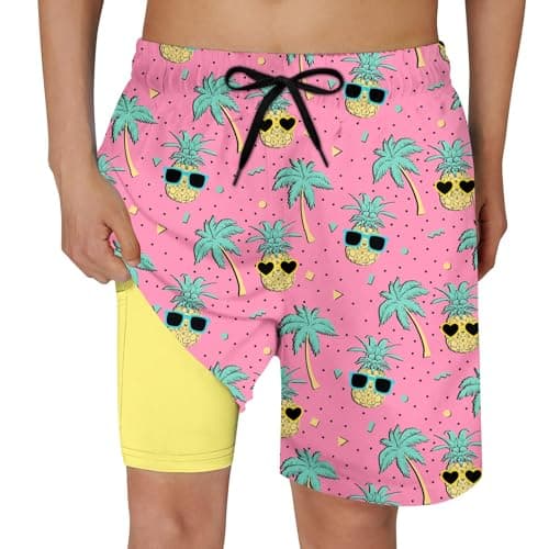Cozople Teen Boys Swim Trunks with Compression LNER Novelty Pineapple Graphic Bathing Suit Swimwear Stretchy No Chafe Swimming Beach Board Shorts for Casual Swimwear with Pockets - Image 1