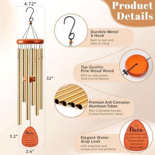 32" Wind Chimes Birthday Gifts for Nana, Nana Birthday Gifts, Nana Gift Mothers Day, Gold - Thumbnail 3
