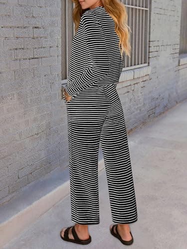 Lazysmile Lounge Sets For Women Casual Striped 2 Piece Outfits Long Sleeve Tops and Wide Leg Pants Loungewear Pajama Set - Thumbnail 2