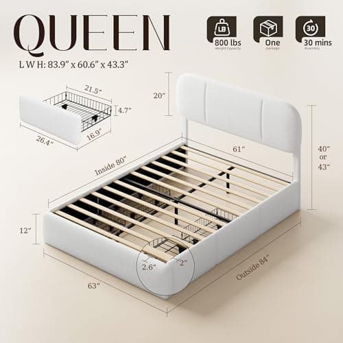 Uteeran Queen Size Bed Frame with Storage, Boucle Cloud Bed with 4 Locking Drawers & LED Lights, Modern Upholstered Platform Bed, Plush Sides & Footboard, Adjustable Headboard, No Box Spring, White - Thumbnail 2