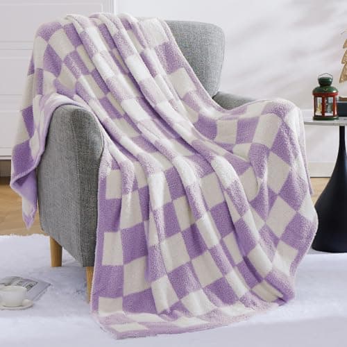 WRENSONGE Checkered Throw Blanket, Purple Soft Cozy Fluffy Warm Hand Made Throw Blankets for Couch, Sofa, Chair, Bed, Camping, Picnic, Travel Lightweight Bed Blanket - 60"*80" - Thumbnail 6