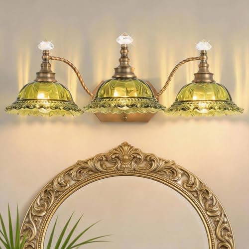PUAMUBUA Vintage Bathroom Vanity Light Fixtures, 3-Light Brass Light Fixtures Over Mirror with Green Crystal Glass Flower Shade, Mid Century Farmhouse Wall Mount Lighting for Living Room, Kitchen - Image 1