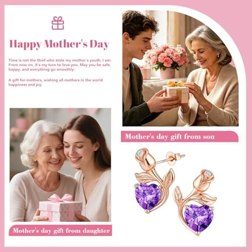 JACUPO 0.8CT Rose Heart Earrings Option of Sapphire Moissanite Stud Earrings Lab-Grown Earrings Birthstone Earrings for Women S925 Sterling Silver Post D Color VVS1 Clarity Ideal Gift for Wife Mother for Birthday Anniversary Valentine's Day Conveying I Love You Message (Feb Amethyst Rose Gold) - Thumbnail 3