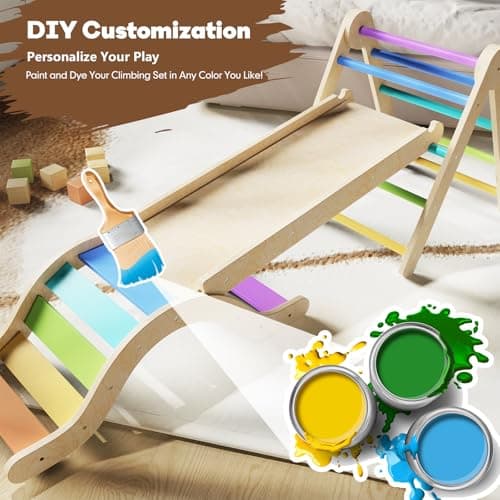 doowroodni Pikler Triangle Set 7in1 Toddler Climbing Toys Indoor Foldable Baby Climbing Toys Wooden Montessori Climbing Set with Arch, Ramp, Ladder for 1-3 Years, Jungle Gym for Kids (Natural) - Thumbnail 4
