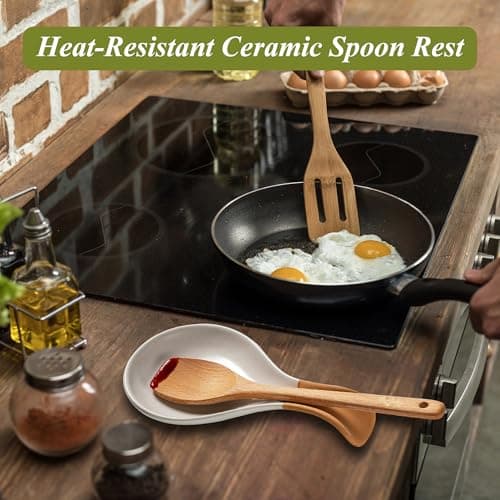 Caigmo Spoon Rest for Stove Top, Heat Resistant Ceramic Utensil Rest for Kitchen Countertop, Coffee Spoon Holder, Dishwasher Safe, White & Terracotta - Thumbnail 2
