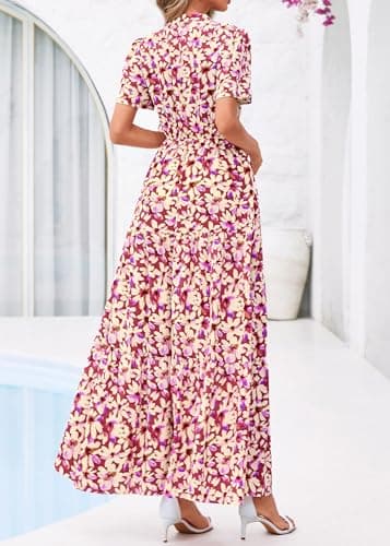 KIRUNDO Womens Summer Floral Maxi Dress Short Sleeve V Neck Boho Long Flowy Casual A Line Dresses 2026 Beach Vacation Outfits(Purple Flower, Medium) - Thumbnail 3