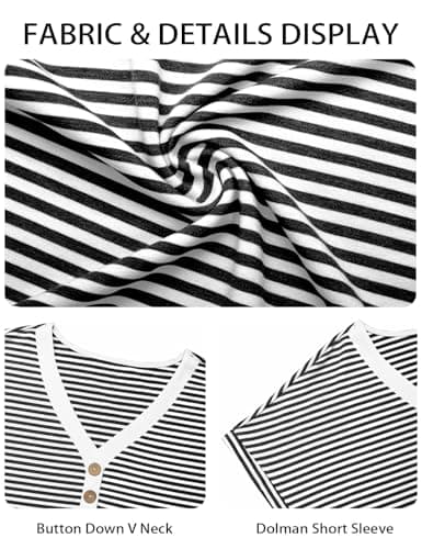 Short Sleeve Shirts for Women Summer Striped Henley Tops Dolman Short Sleeve Casual V Neck T Shirts Trendy 2026 Button Front Dressy Blouses (Black, Large) - Thumbnail 6