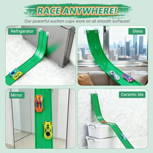 Flexible Race Track for Kids 15ft, FALDAA Toddler Car Tracks Compatible with Hot Wheels 1/64 Scale, Flextrack with 6 Cars and 6 Suction Cups, Portable Toy Car Ramp Sets for 3 Year Old+ - Thumbnail 4