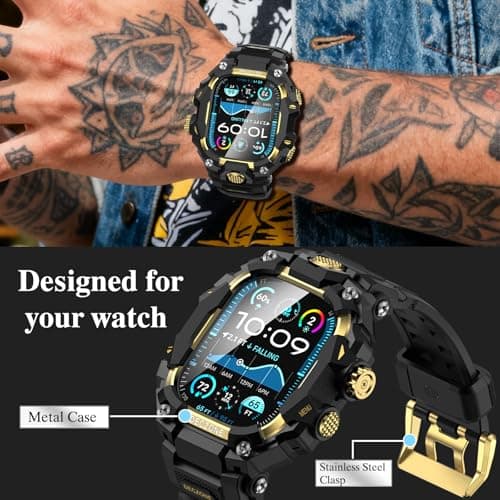 Deczone Band with Rugged Case Compatible with Apple Watch Bands 49mm (Ultra 3/2/1), Sport iwatch Bands Protective Bumper Cover for Men (49mm Gold) - Thumbnail 2