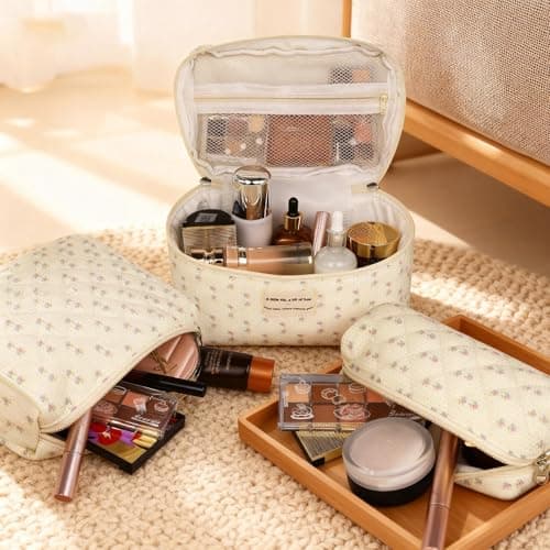 Gosect Quilted Makeup Bag, Large Floral Cosmetic Bag for Women, Cute Cotton Makeup Bag, Flower Travel Toiletry Organizer Bag (Flower) - Thumbnail 2