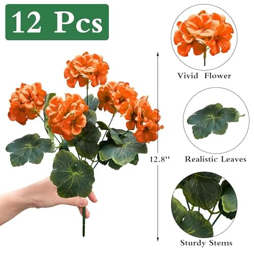 Karlliu Artificial Geranium Flowers for Outdoors: 12 PCS Realistic UV Resistant Faux Red Geranium Silk Flowers for Outdoor Planters Fade Proof Garden Fake Flowers Decor for Outside Porch - Orange - Thumbnail 2