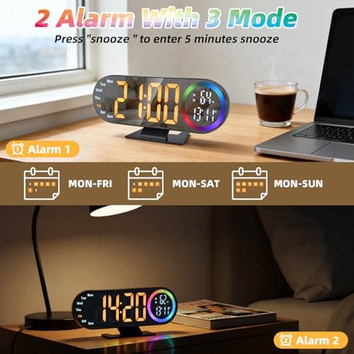 Electime Digital Alarm Clocks with 16 Night Light, Loud Alarm Clock for Heavy Sleepers Adults Teens Kids Seniors, 3 Brightness 2 Alarm Mirror and LED Big Display Clocks for Bedside, Desk - Thumbnail 3