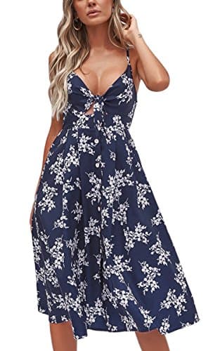 ECOWISH Women 2024 Summer Dresses Tie Front V-Neck Spaghetti Strap Button Down A-Line Backless Swing Midi Dress 809 Navy Blue S - Image 1
