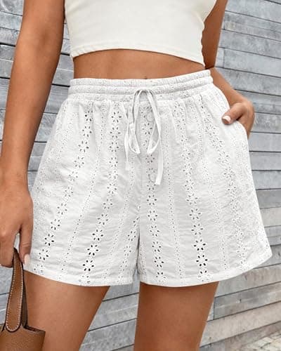 KIRUNDO Lace Shorts for Women Summer Cute Boho Eyelet Elastic Waist Drawstring Casual Lounge Shorts Beach Vacation Outfits(White, Large) - Thumbnail 3