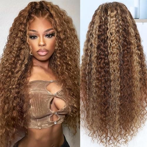 FFEGG Hidden Strap 360 Water Wave 220% Density Honey Blonde Deep Curly Human Hair wig Ombre Deep Wave 4/27 Highlight Lace Front Wigs Pre Plucked Wet And Wavy Water Wave Wig for Women 18 Inch - Thumbnail 5