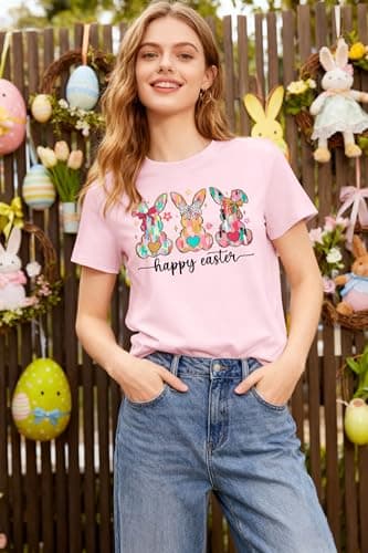 Easter Shirts for Women Funny Bunny Shirt Cute Rabbit Graphic T Shirt Happy Easter Casual Tshirt Short Sleeve Tops Pink - Thumbnail 2