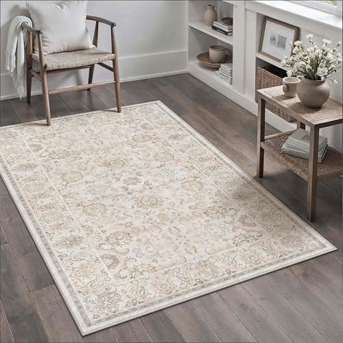 HUGEAR 3x5 Machine Washable Area Rugs Vintage Grey - Neutral Non Slip Stain Resistant Low Pile Aesthetic Throw Carpet Kids & Pet Friendly for Living Room Kitchen Dining Room Laundry - Thumbnail 3