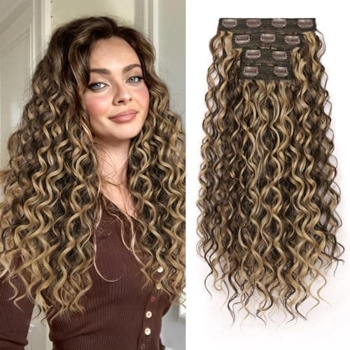 PHADRIA Curly Clip in Hair Extensions,4PCS 20 Inch Hair Extensions long Soft Natural Hairpiece Lace Weft Curly Wave Clip Ins Extensions Invisible for Women(Chocolate Brown with Highlights) - Image 1