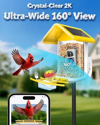 Bird Feeder with Camera Solar Powered - Smart Bird Feeder Camera 2K HD Live Stream, 5MP Photos, AI Identification for Backyard, 2.4Lb Large Capacity, Gifts for Mom Dad, Yellow White - Thumbnail 6
