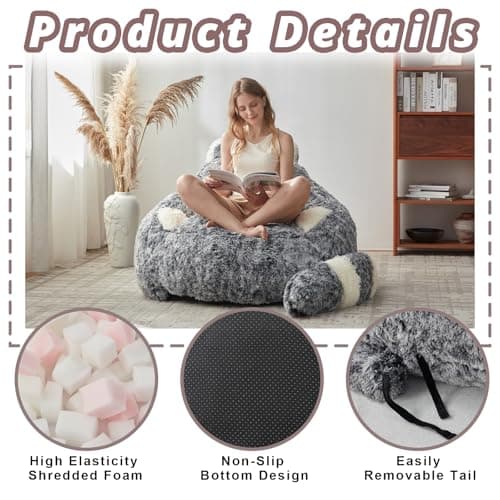 EBENCHICO Giant Bean Bag Chair for Adults Teens, Raccoon Shaped Faux Fur Bean Bag Sofa with Filler, Plush Beanbag Couch with Tail Pillow for Gaming, Reading, Bedroom, Dorm - Thumbnail 6