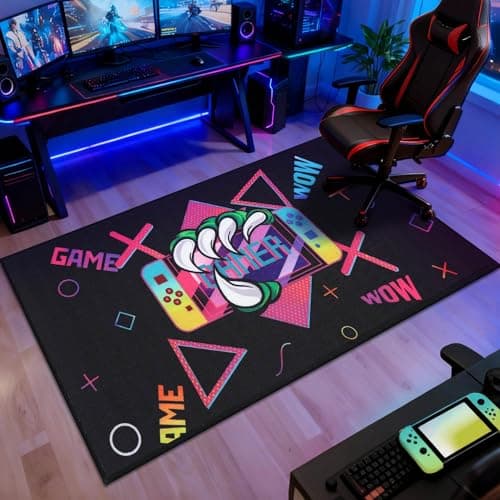 JSEI Gaming Rug for Kids Teens 32"x60" Machine Washable, Video Game Kids Rug with Paw and Controller Pattern, Non-Slip Gaming Floor Carpet Mat for Playroom, Living Room&Bedroom, Black - Image 1