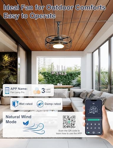 Phylluz Outdoor Ceiling Fan with Lights - 16'' Wet Rated Gazebo Fan Remote/APP Control, Caged Hanging Fan Plug and Play for Covered Patio Porch, Wood Color - Thumbnail 3
