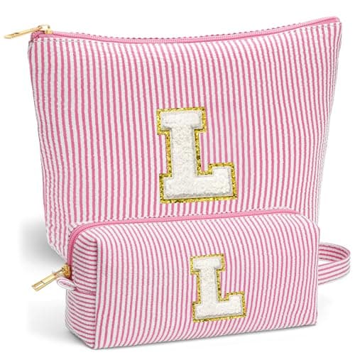 Fohufo Travel Toiletry and Makeup Bag - Travel Essentials for Women, Pink Initial Makeup Bags for Hair Ties, Clips, Brushes, Sponges, Lipsticks, Blush, Eyelash Curler, Easy to Carry, Pink Letter L - Image 1