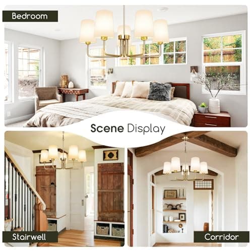 Tadpole Jump Farmhouse Chandelier 5 Lights Chandeliers for Dining Room with White Fabric Shade Rustic Gold Dining Room Light Fixture for Kitchen Bedroom Living Room - Thumbnail 4