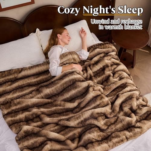 LOOMORA Luxury Faux Fur Blanket - Soft Warm Plush Blankets for Couch Sofa Bed, Fluffy Thick Throws for Bedroom, Office, Living Room, Decorative Reversible, Not Easy to shed - 60"x80", Brown - Thumbnail 6