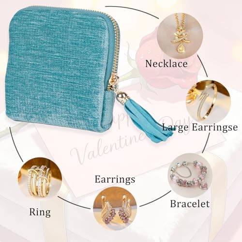 ASINGYER Travel Jewelry Storage Bag for Women, Velvet Portable Jewelry Organizer with Tassel Zipper, Small Pouches for Bracelets Necklaces Rings Earrings, Wedding Gift for Women (Sky blue) - Thumbnail 4