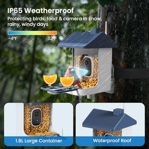 Smart Bird Feeder with Camera, 1.8L Solar Powered Bird Feeders for Outdoors, 2K AI Identify 10,000+ Birds Species, Birds Feeder Camera IP65 Instant Notification, Ideal Gift for Avian Lovers - Thumbnail 6