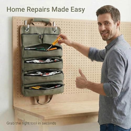 Yobobo Tool Bag for Hand Tools: 6 Zipper Pockets Keep Tools Sorted - Hang-Open Access on Hooks/Pegboard - Heavy-Duty Garage Organizer for Homeowner DIY Repairs - Thumbnail 5