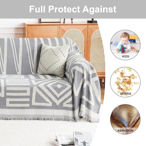 Andency Couch Cover Sofa Cover for 3 Cushion Oversized Slipover, Boho Washable Sectional Large Couch Covers for L-Shape Dogs Sofa Protector, Anti Slip Reversible Couch Covers, 71''x150'', Grey - Thumbnail 4