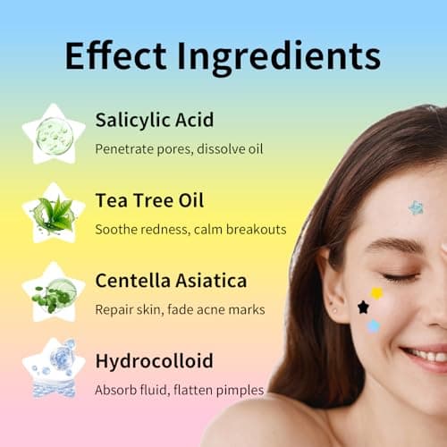 Dazzlook Star Shaped Pimple Patches with Salicylic Acid, Hydrocolloid Pimple Stickers for Blemish Care, Mix Colors, 96 Count, Fashion Blemishes Patches - Thumbnail 3