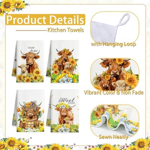 Vetoxka 8 PCS Highland Cow Kitchen Decor and Accessories - 4 Dish Towels Set 2 Oven Mitts and Pot Holders Sets for Cooking Baking Home Sweet Home Sunflower Cattle Watercolor Farmhome Housewarming Gift - Thumbnail 5