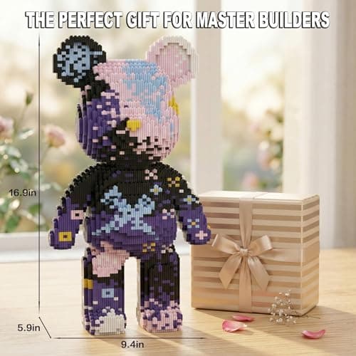 SehrKlug 16.9" Graffiti Purple Teddy Blocks Bear Building Bricks Set for Adults, Collectible Home Decor for Bedroom, Office, or Book Shelf - Relaxing Activity for Men Women - Birthday Gift, Ages 14+ - Thumbnail 6