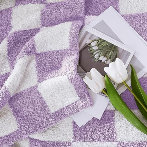 WRENSONGE Checkered Throw Blanket, Purple Soft Cozy Fluffy Warm Hand Made Throw Blankets for Couch, Sofa, Chair, Bed, Camping, Picnic, Travel Lightweight Bed Blanket - 60"*80" - Thumbnail 3