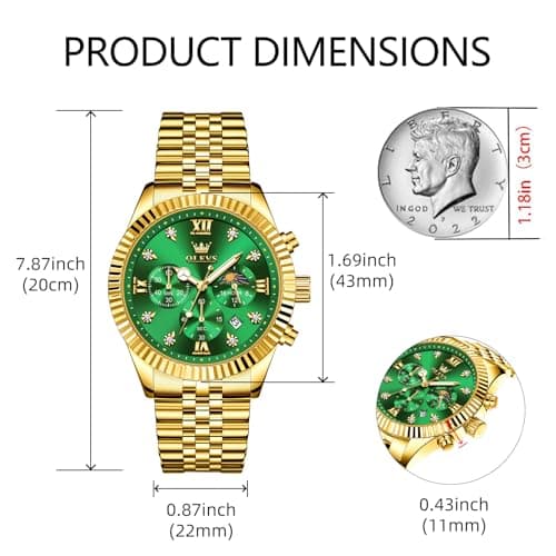 OLEVS Gold Watches for Men Luxury Dress Green Big Face Stainless Steel Analog Quartz Mens Watch Wrist Waterproof Fashion Chronograph Moon Phase Luminous Mens Watches Relojes para Hombres - Thumbnail 4