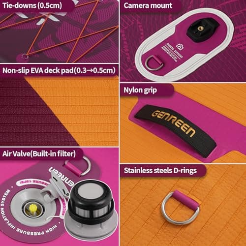 Genreen Paddle Board Stand Up Inflatable SUP Newly Improved 400LBS EVA 0.5cm 3 Fins Quality Inspection5 for Japanese Customers Ultra Stable 11'33"6" Monstera Red Violet Peru - Thumbnail 4