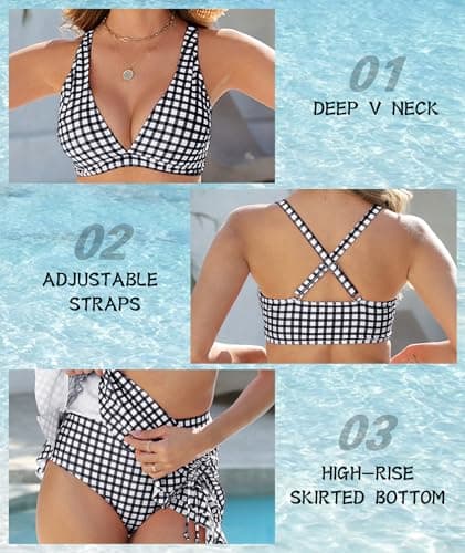 High Waisted Bikini Sets for Women Gingham Push Up Two Piece Swim Skirt Set Tummy Control Bathing Suit 2026 Swimsuit Curvy V Neck Ruffle Full Coverage Tops and Bottoms Matching Set Plaid Black Small - Thumbnail 4