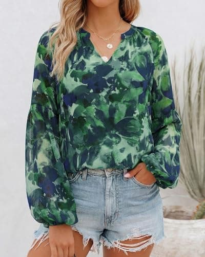 BTFBM Blouses for Women Dressy Casual Floral Summer Boho Tops V Neck Lightweight Long Sleeve Shirts Fall Clothes 2026(Print Green, XX-Large) - Thumbnail 4