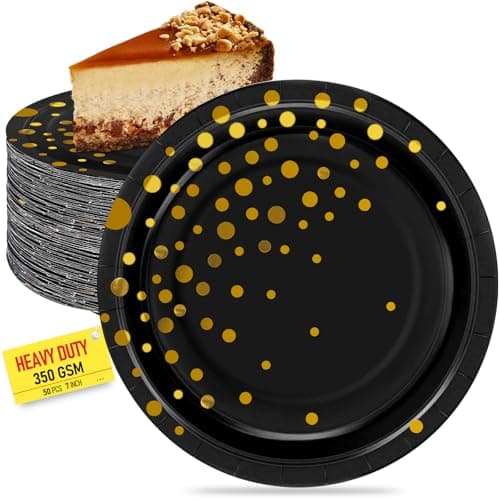 Disposable Paper Plates for Party Supplies, 7IN 50PCS Black and Gold Dessert/Cake Plates, Heavy Duty Gold Party Plate for Birthday, Graduation, Father's Day,Retirement,Anniversaries,Thanksgiving Party - Image 1