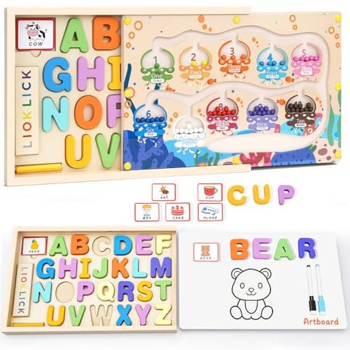 LIOKLICK 4-in-1 Magnetic Color and Number Maze Toys Box with Alphabet Puzzles Drawing Board, Wooden Storage Montessori Toy for 3-5 Year Old, Toddlers Educational Learning Toy Gifts for Kids Boys Girls - Image 1