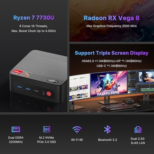 BOSGAME P4 Ultra Mini PC Ryzen 7 7730U(Over 7735U/7430U), 16GB RAM 1TB NVMe SSD Mini Computers, Dual 2.5G LAN, Wi-Fi 6E, BT5.2, 4K Triple Display HDMI | DP | Type-C, Home Office Business - Thumbnail 2